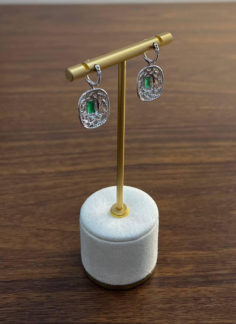 green emerald diamond lattice halo 14k white gold statement drop earrings