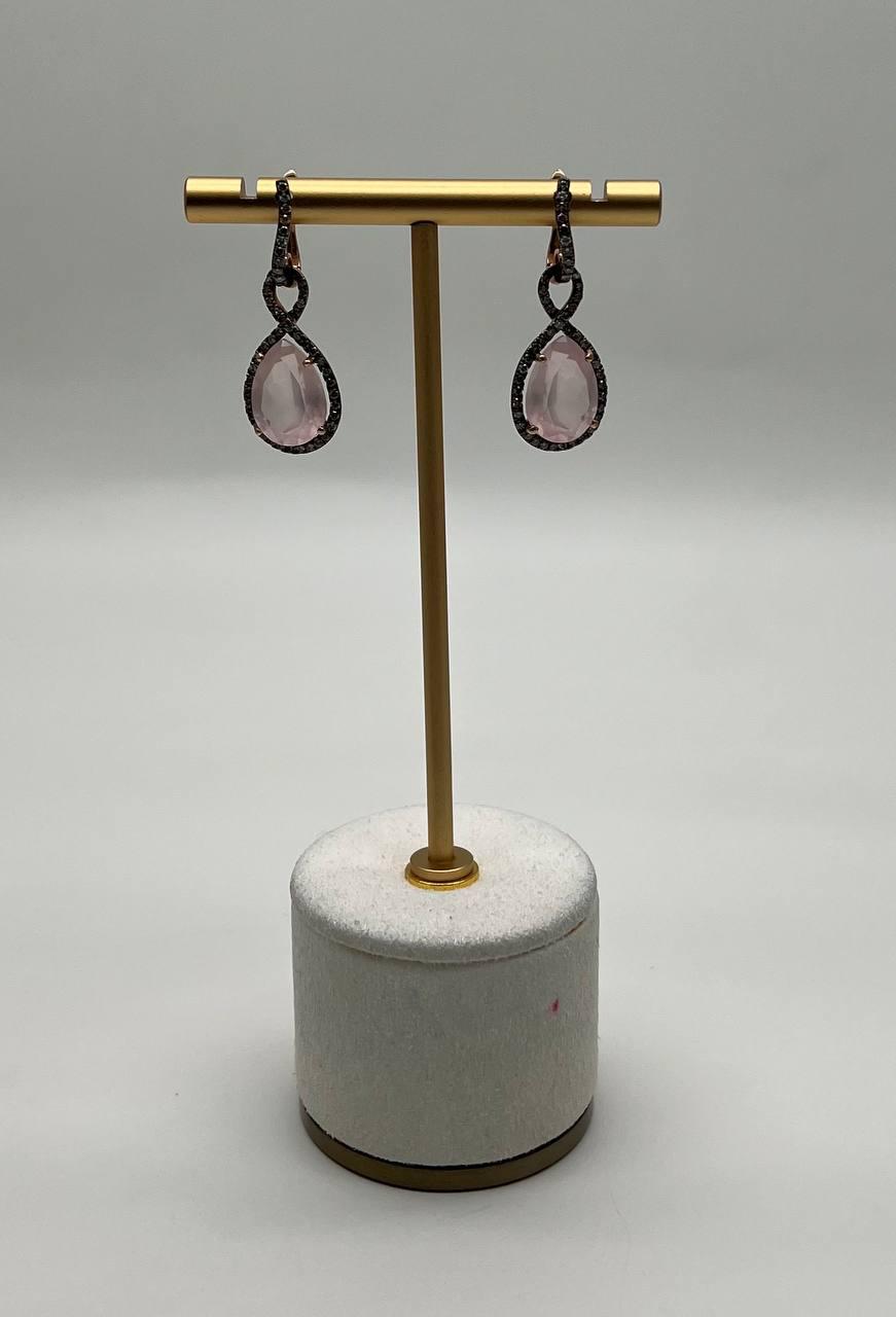 Pear Teardrop Shape Pink Rose Quartz 14K Rose Gold Diamond Halo Earrings