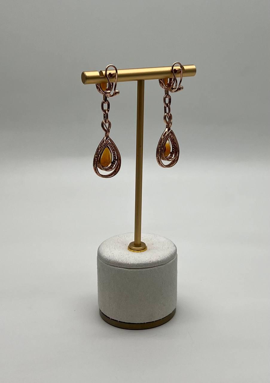Amber Orange Citrine & Brown White Diamonds Halo Rose Gold Statement Earrings