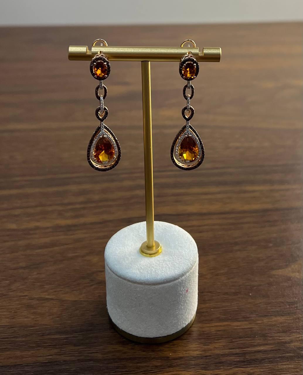 Amber Orange Citrine & Brown White Diamonds Halo Rose Gold Statement Earrings