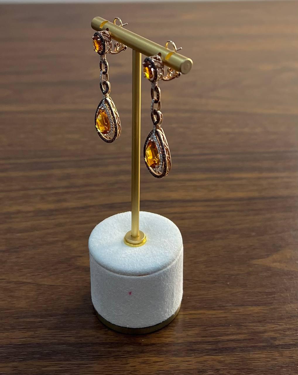 Amber Orange Citrine & Brown White Diamonds Halo Rose Gold Statement Earrings