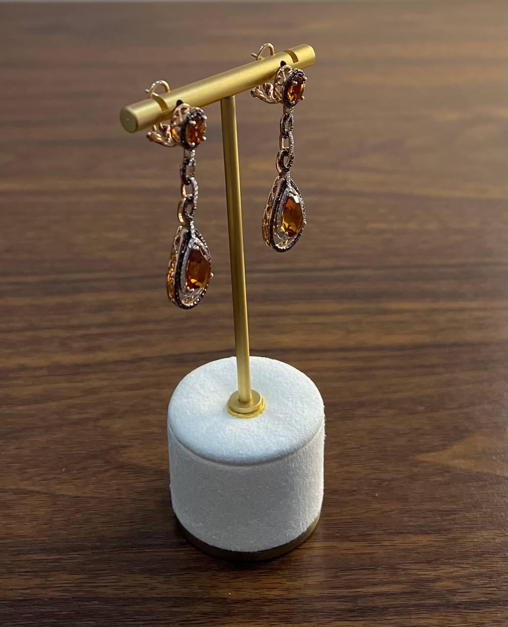 Amber Orange Citrine & Brown White Diamonds Halo Rose Gold Statement Earrings