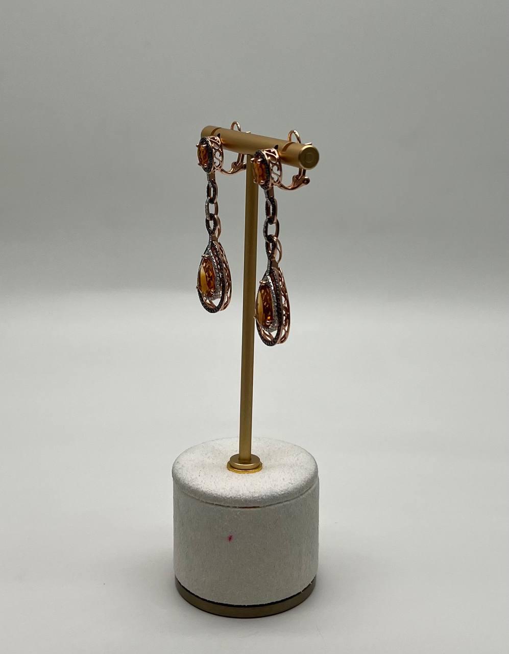 Amber Orange Citrine & Brown White Diamonds Halo Rose Gold Statement Earrings