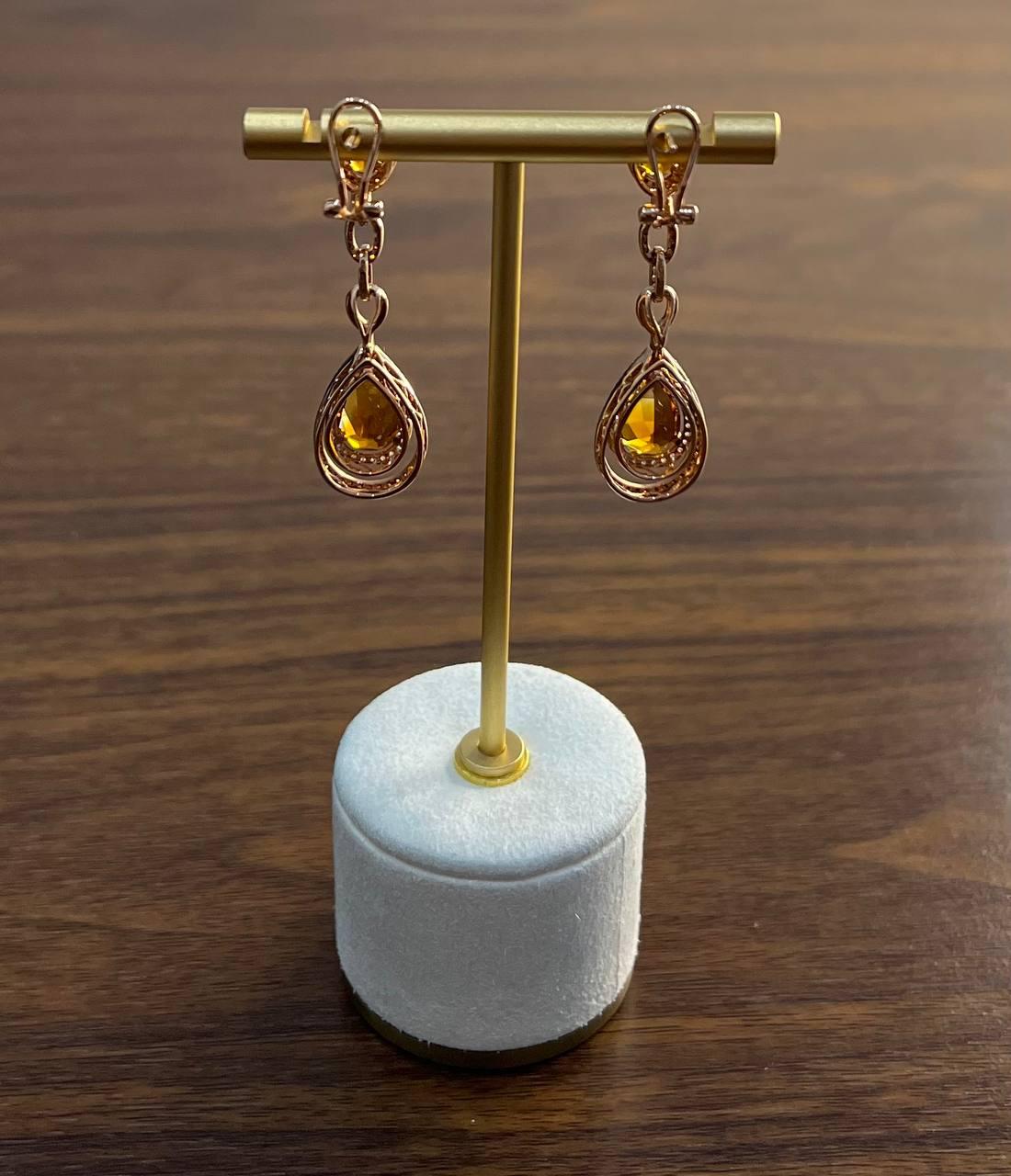 Amber Orange Citrine & Brown White Diamonds Halo Rose Gold Statement Earrings
