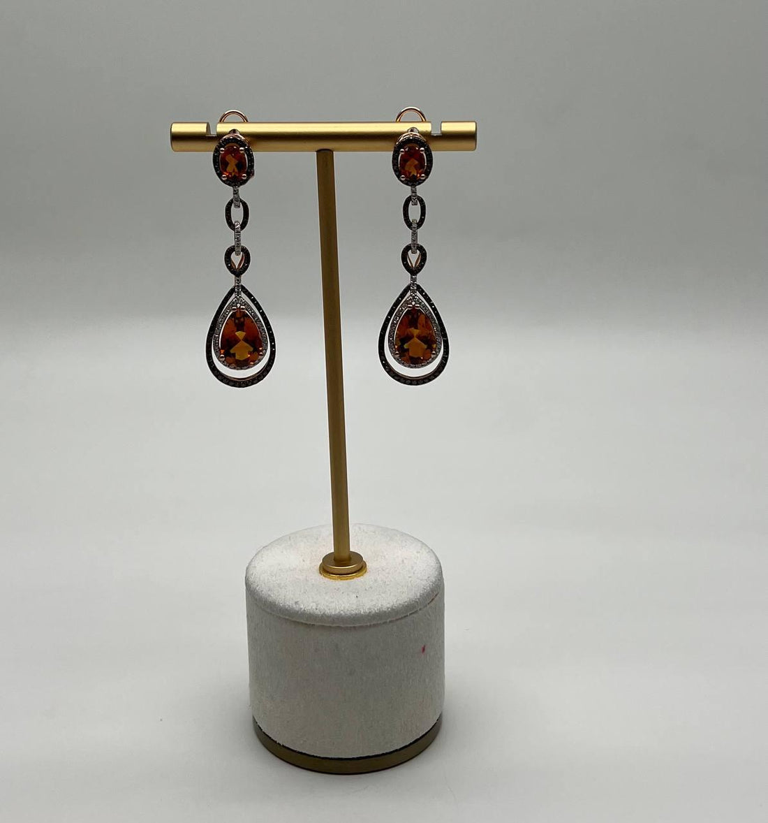 Amber Orange Citrine & Brown White Diamonds Halo Rose Gold Statement Earrings