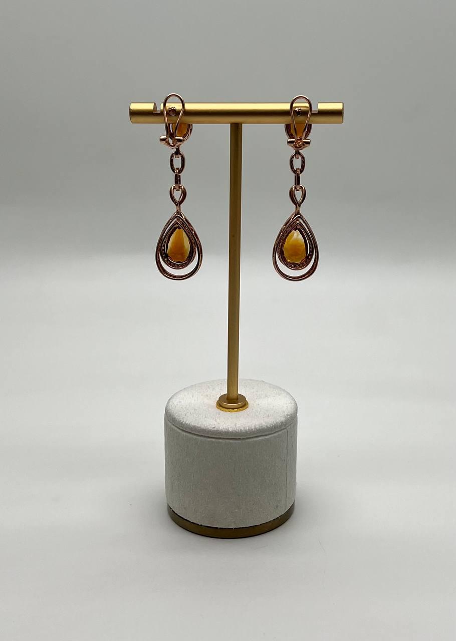 Amber Orange Citrine & Brown White Diamonds Halo Rose Gold Statement Earrings
