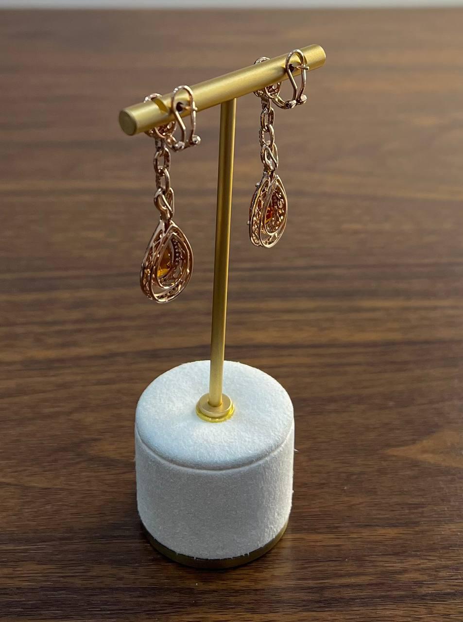 Amber Orange Citrine & Brown White Diamonds Halo Rose Gold Statement Earrings