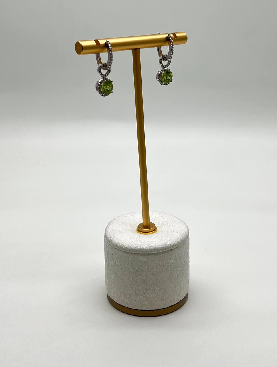 Green Peridot White Diamonds 14K White Gold Statement Huggie Earrings