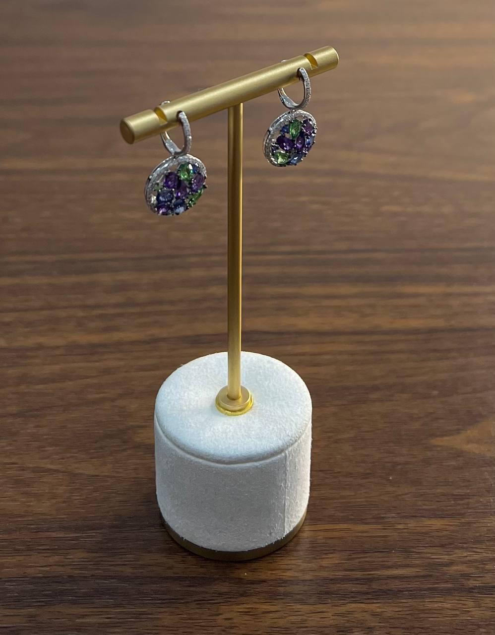 Purple Amethyst Green Tsavorite Blue Sapphire Black Diamonds White Gold Earrings