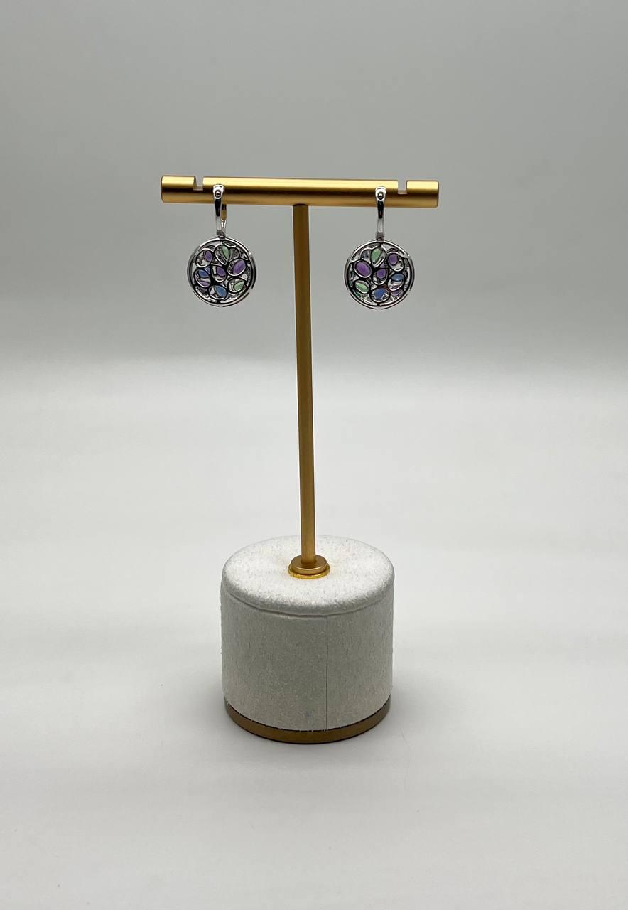 Purple Amethyst Green Tsavorite Blue Sapphire Black Diamonds White Gold Earrings