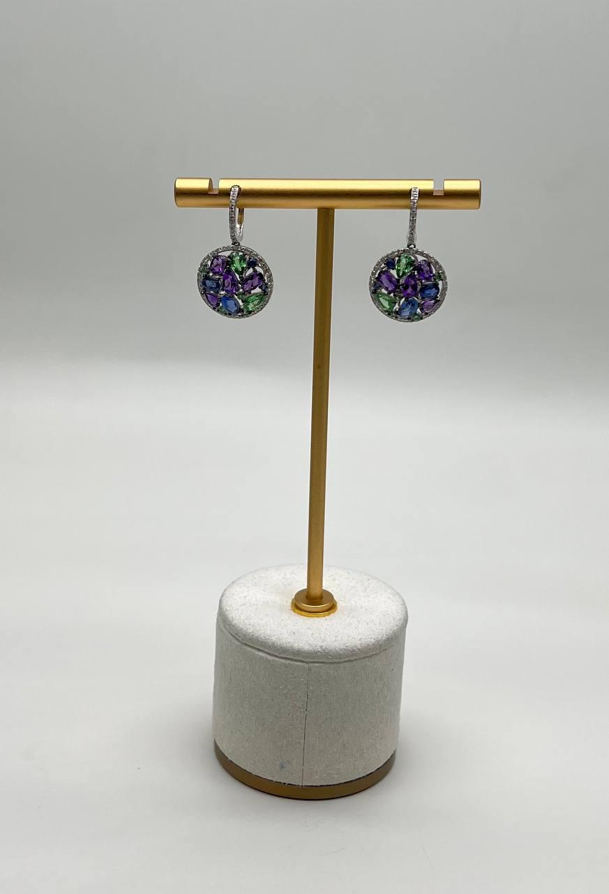 Purple Amethyst Green Tsavorite Blue Sapphire Black Diamonds White Gold Earrings
