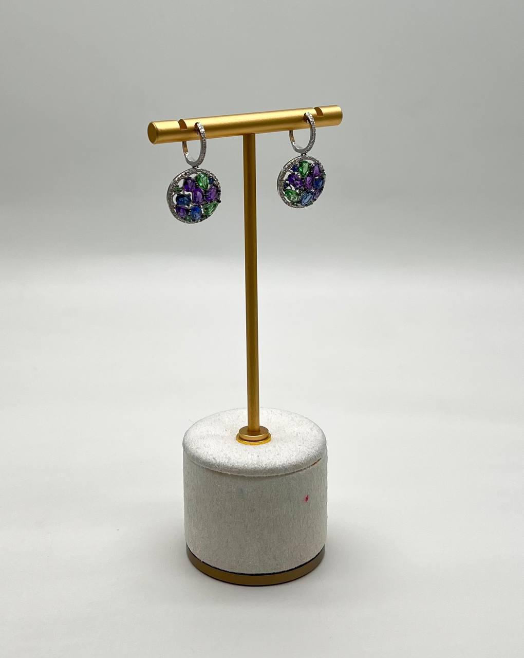 Purple Amethyst Blue Sapphire Green Tsavorite Diamonds 14K White Gold Earrings