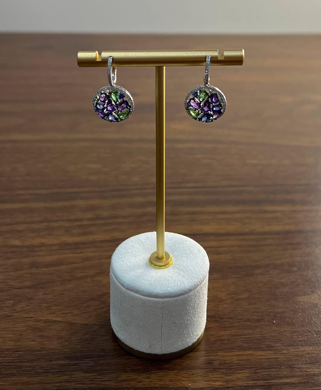 Purple Amethyst Blue Sapphire Green Tsavorite Diamonds 14K White Gold Earrings