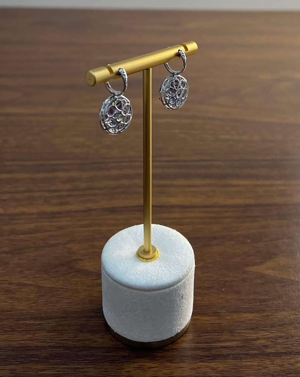 Purple Amethyst Blue Sapphire Green Tsavorite Diamonds 14K White Gold Earrings