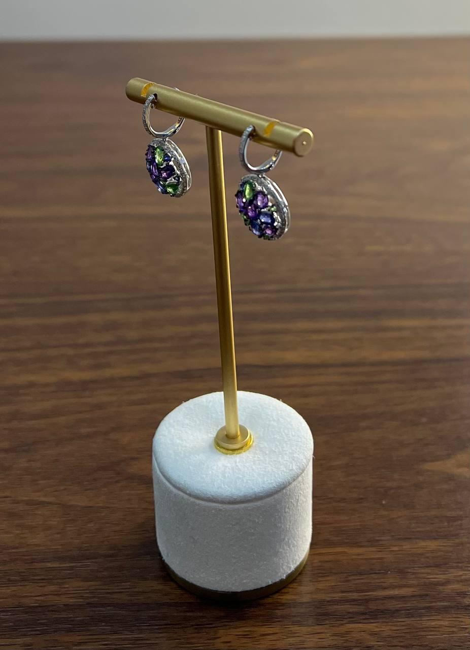 Purple Amethyst Blue Sapphire Green Tsavorite Diamonds 14K White Gold Earrings