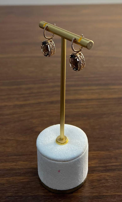 Brown Smoky Quartz Oval Shape Diamond Halo 14K Yellow Gold Dangle Drop Earrings