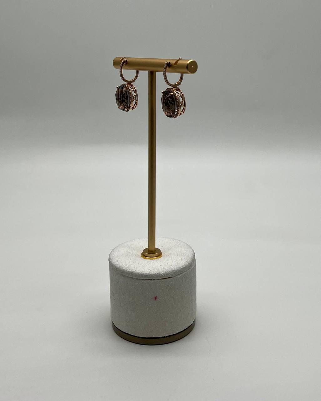 Brown Smoky Quartz Oval Shape Diamond Halo 14K Yellow Gold Dangle Drop Earrings