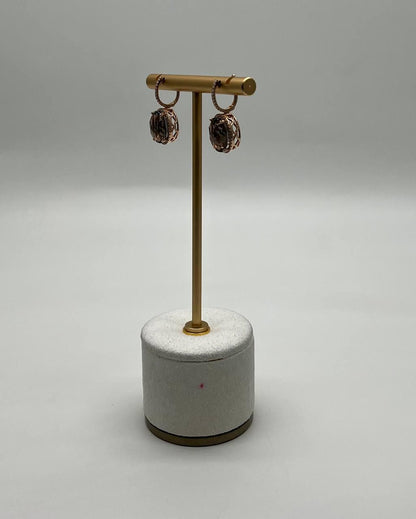 Brown Smoky Quartz Oval Shape Diamond Halo 14K Yellow Gold Dangle Drop Earrings