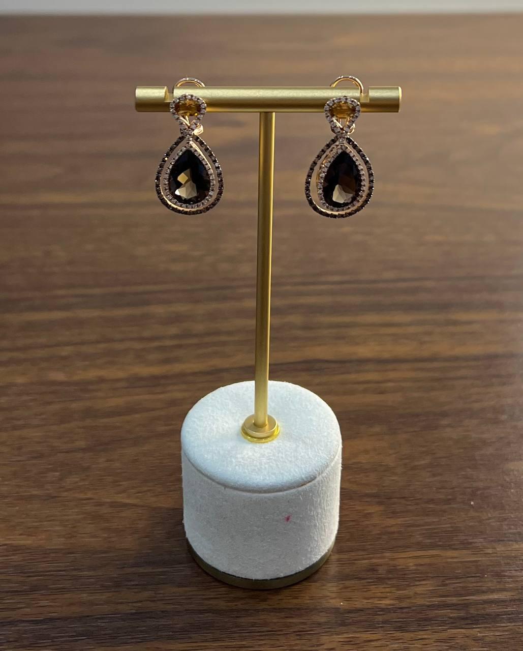Orange Amber Citrines Brown Smoky Quartz 14K Yellow Gold Diamond Halo Earrings