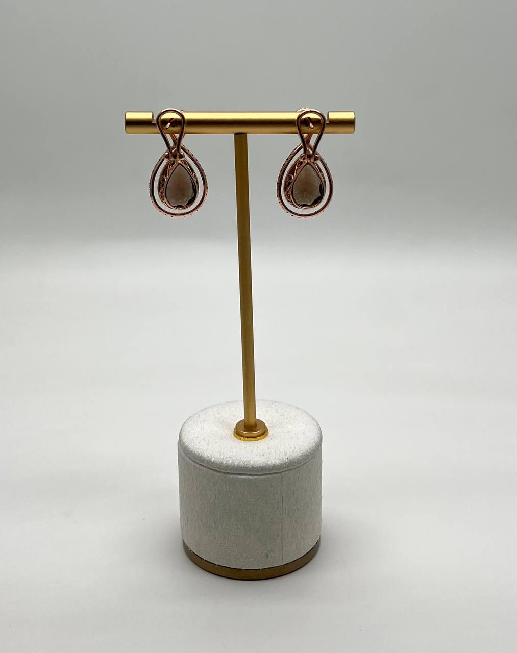 Orange Amber Citrines Brown Smoky Quartz 14K Yellow Gold Diamond Halo Earrings
