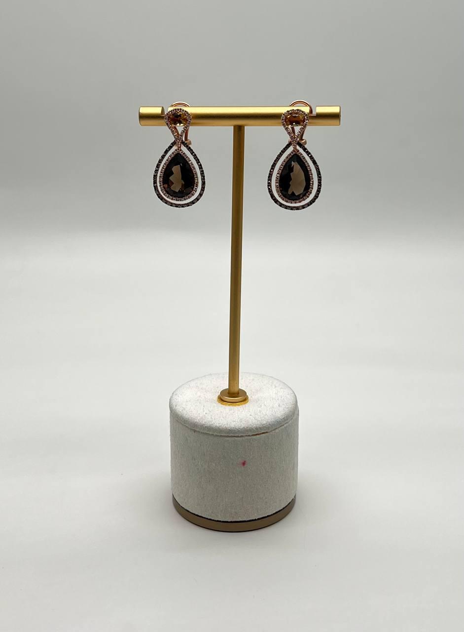 Orange Amber Citrines Brown Smoky Quartz 14K Yellow Gold Diamond Halo Earrings