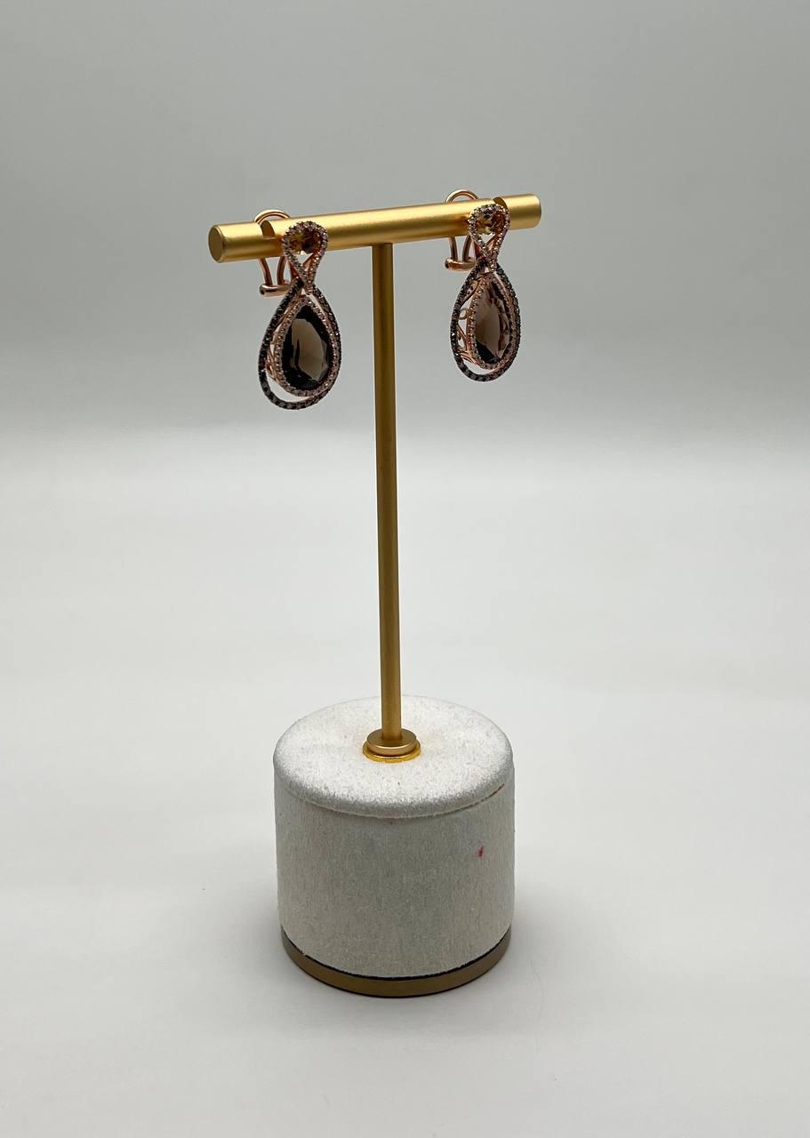 Orange Amber Citrines Brown Smoky Quartz 14K Yellow Gold Diamond Halo Earrings