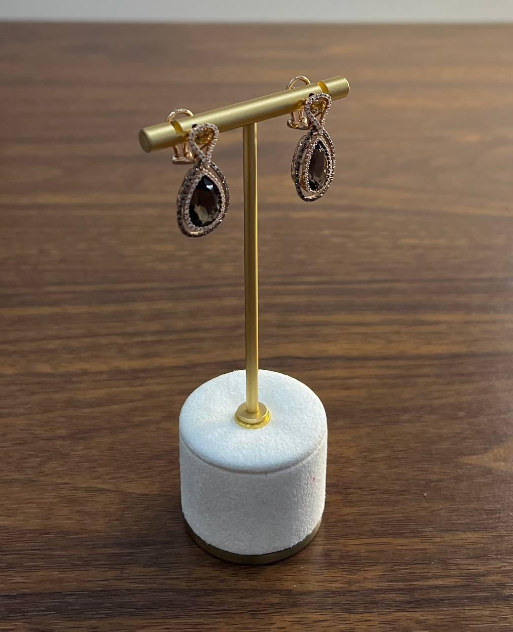 Orange Amber Citrines Brown Smoky Quartz 14K Yellow Gold Diamond Halo Earrings