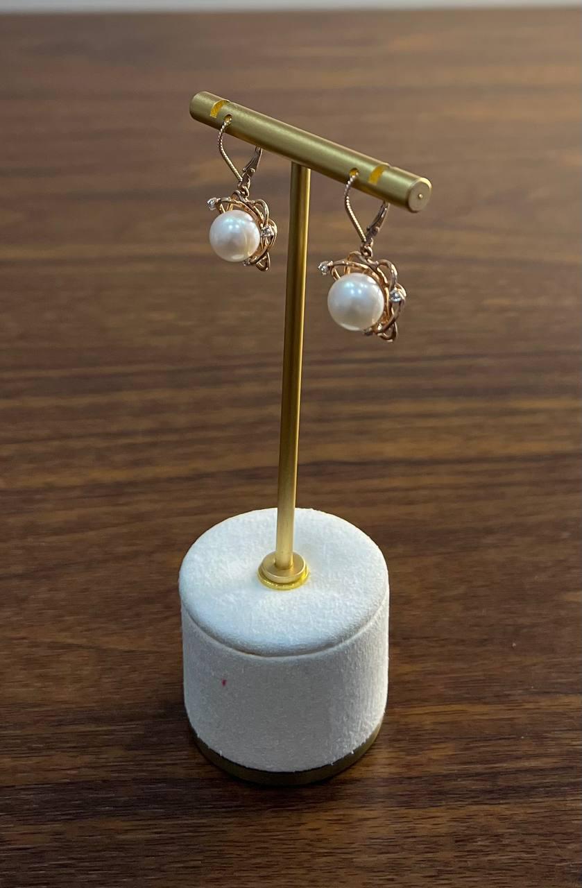 Round White Pearl 14K Yellow Gold Dangle Drop Earrings