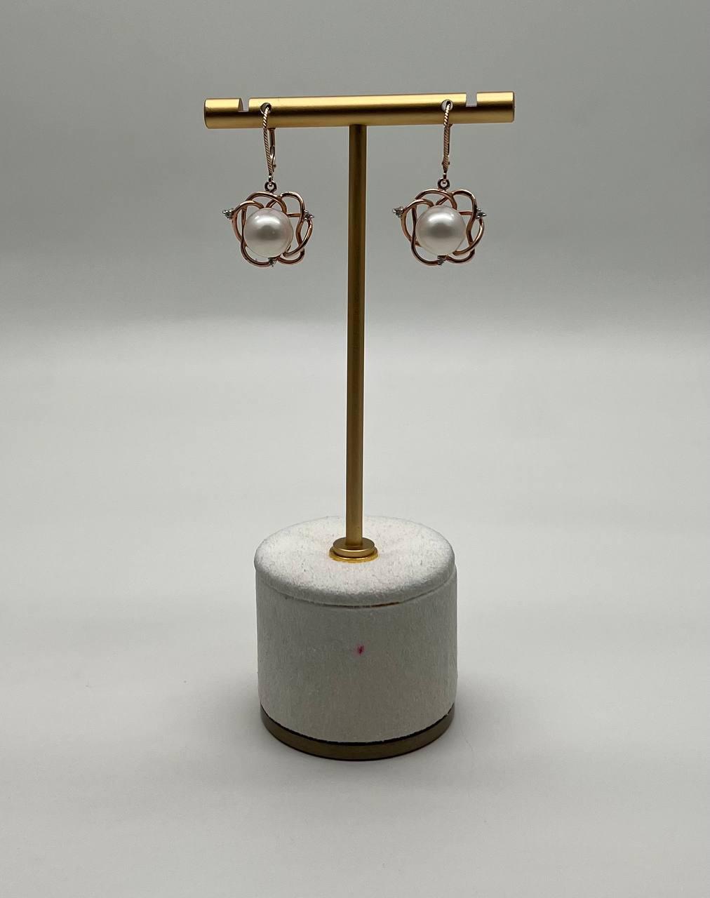 Round White Pearl 14K Yellow Gold Dangle Drop Earrings