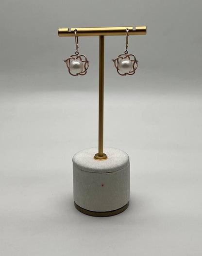 Round White Pearl 14K Yellow Gold Dangle Drop Earrings