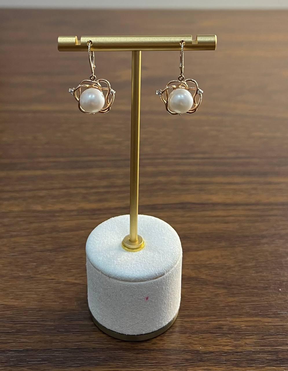 Round White Pearl 14K Yellow Gold Dangle Drop Earrings