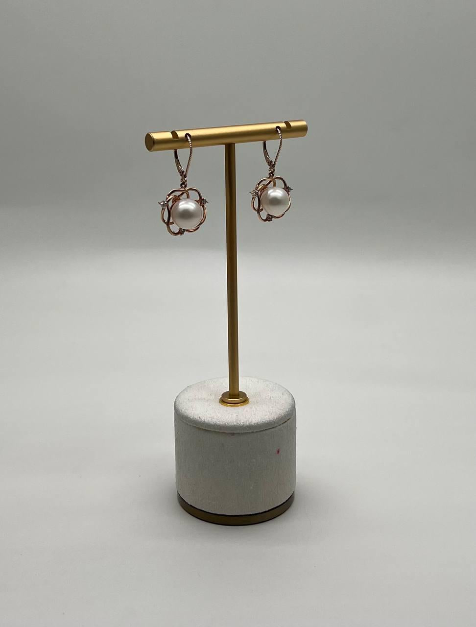 Round White Pearl 14K Yellow Gold Dangle Drop Earrings