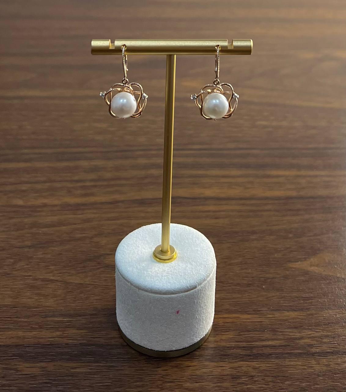 Round White Pearl 14K Yellow Gold Dangle Drop Earrings