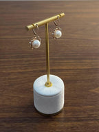 Round White Pearl 14K Yellow Gold Dangle Drop Earrings