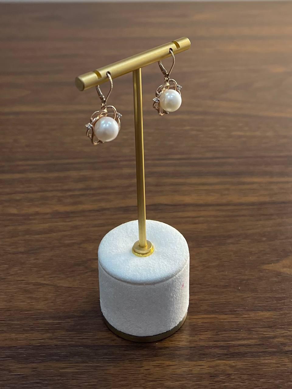 Round White Pearl 14K Yellow Gold Dangle Drop Earrings