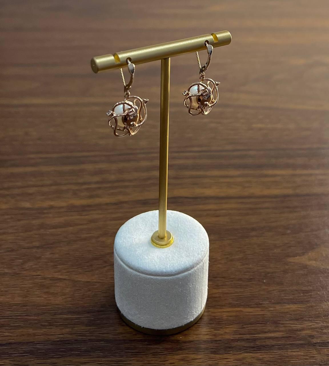 Round White Pearl 14K Yellow Gold Dangle Drop Earrings