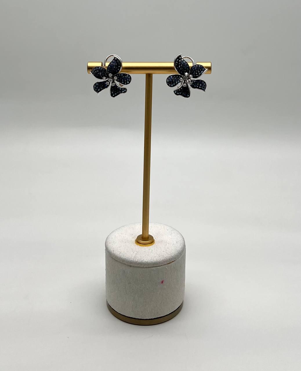 Light Dark Blue Sapphire & Diamond Pave 14K White Gold Floral Flower Earrings