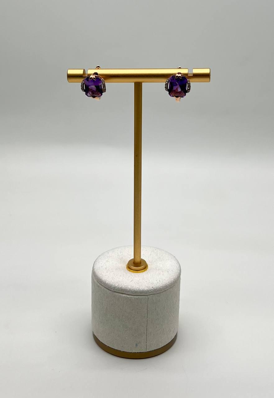 Radiant Shape Purple Violet Amethyst Diamond Bow 14K Rose Gold Stud Earrings