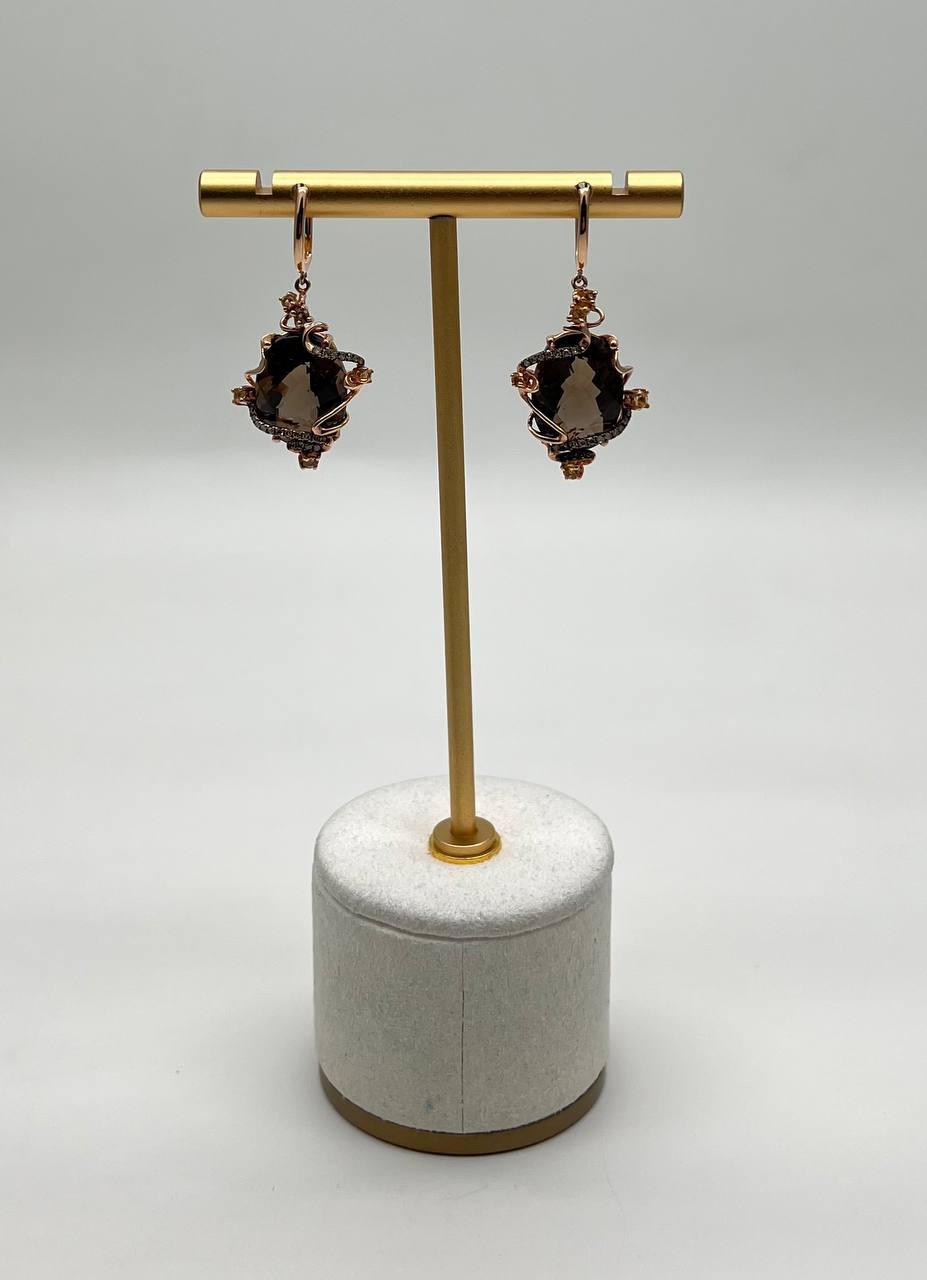 Brown Smoky Quartz Diamond Spiral Scroll Fantasy Fancy 14K Rose Gold Earrings