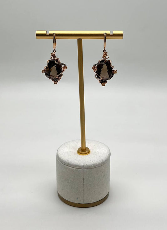 Brown Smoky Quartz Diamond Spiral Scroll Fantasy Fancy 14K Rose Gold Earrings