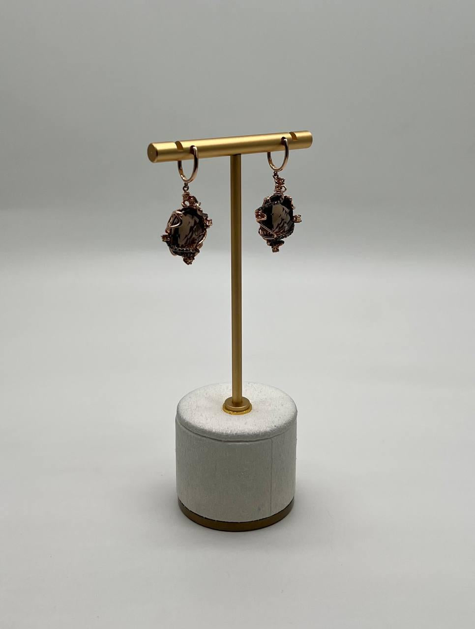 Brown Smoky Quartz Diamond Spiral Scroll Fantasy Fancy 14K Rose Gold Earrings