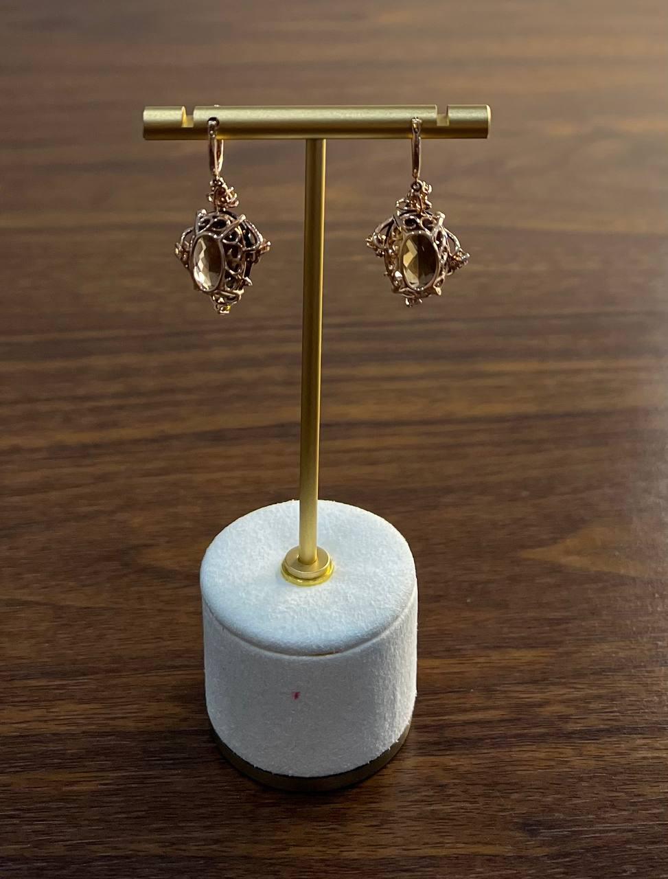 Brown Smoky Quartz Diamond Spiral Scroll Fantasy Fancy 14K Rose Gold Earrings