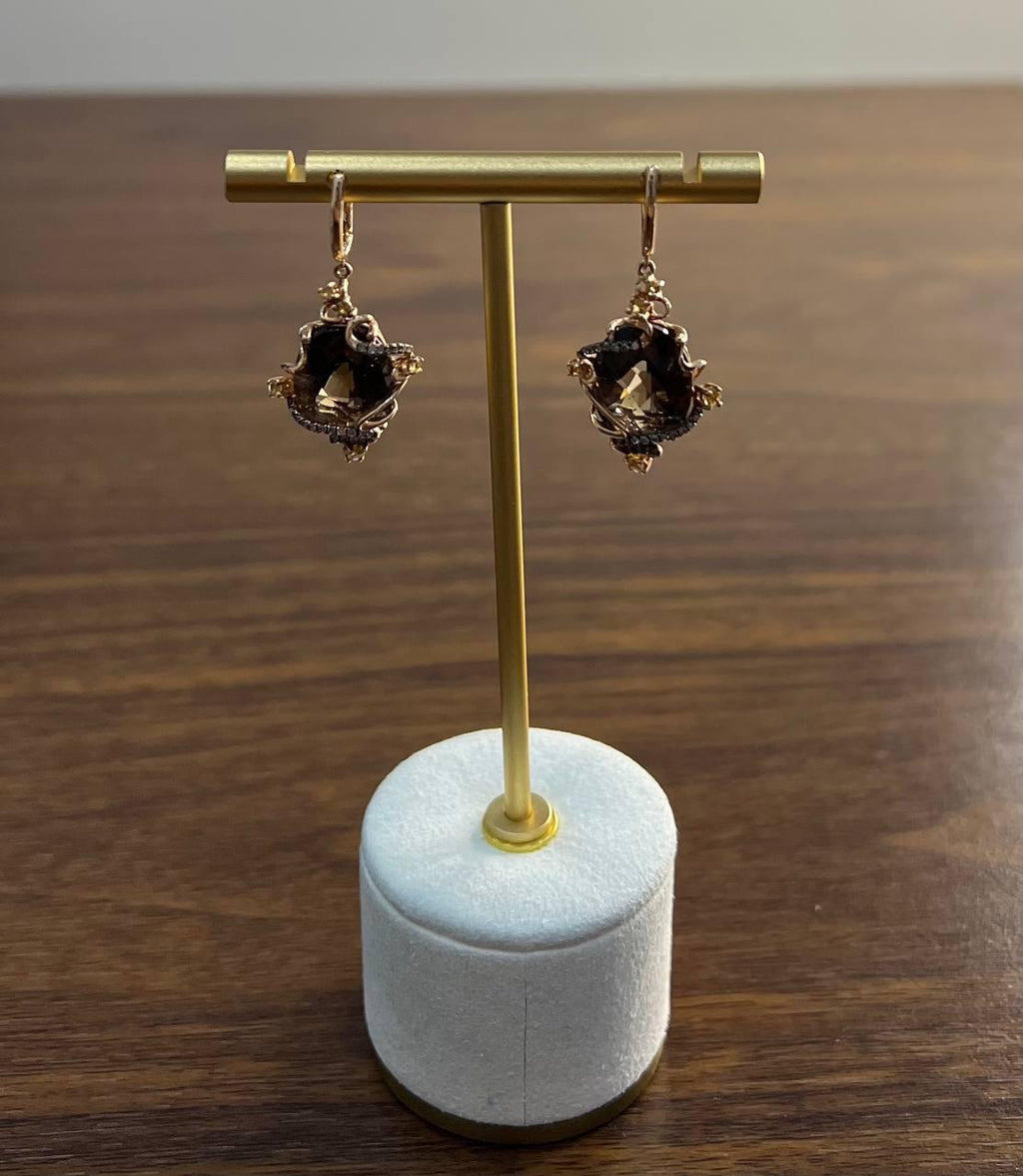 Oval Shape Brown Smoky Quartz 14K Rose Gold Diamond Halo Citrine Earrings