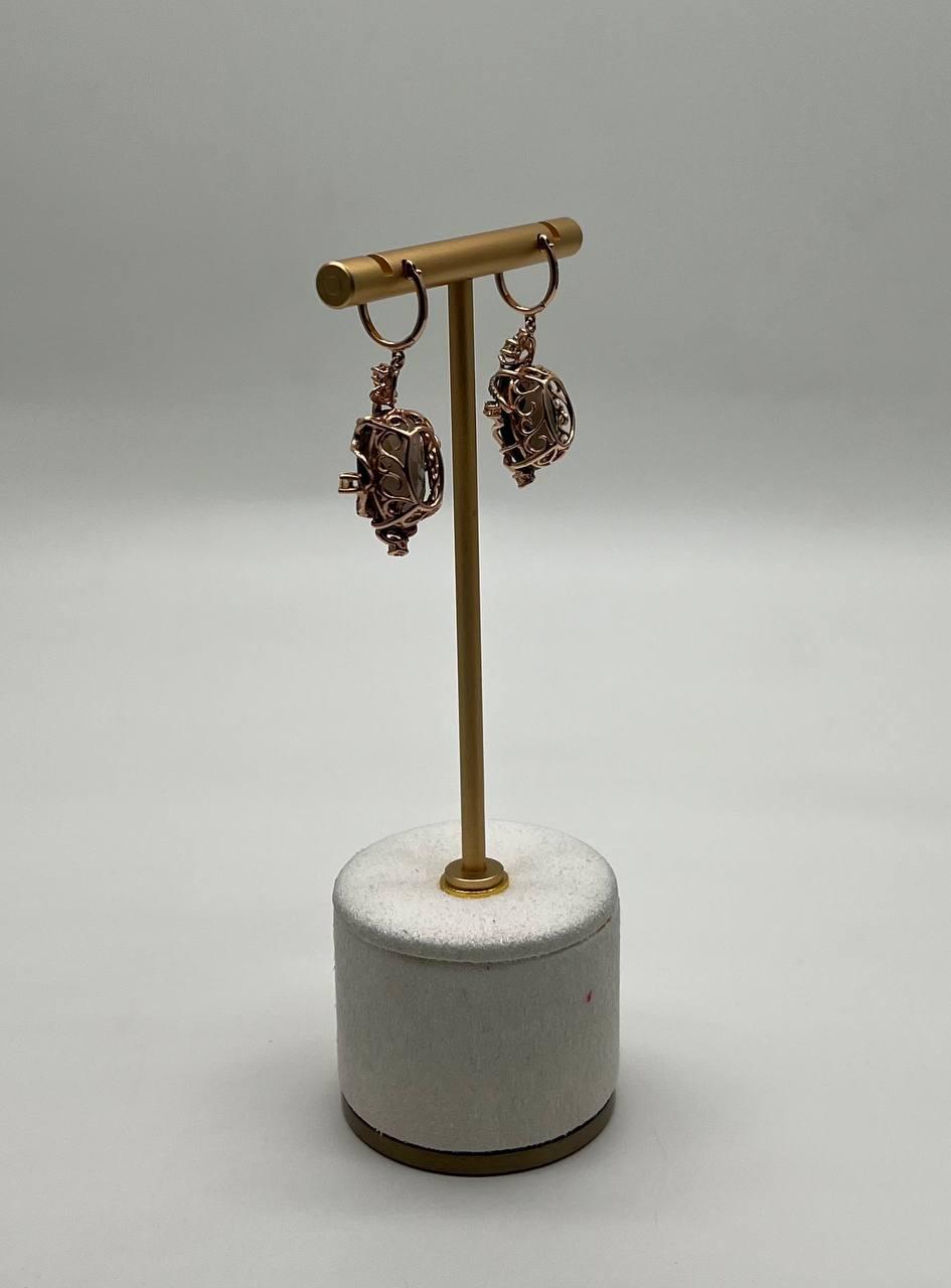 Oval Shape Brown Smoky Quartz 14K Rose Gold Diamond Halo Citrine Earrings