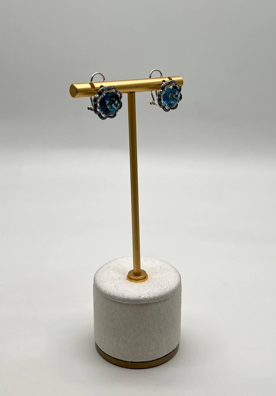 London Blue Topaz Diamond Floral Flower Halo 14K White Gold Statement Earrings