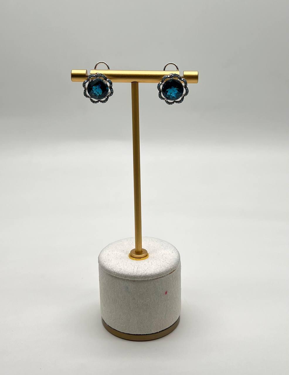 London Blue Topaz Diamond Floral Flower Halo 14K White Gold Statement Earrings