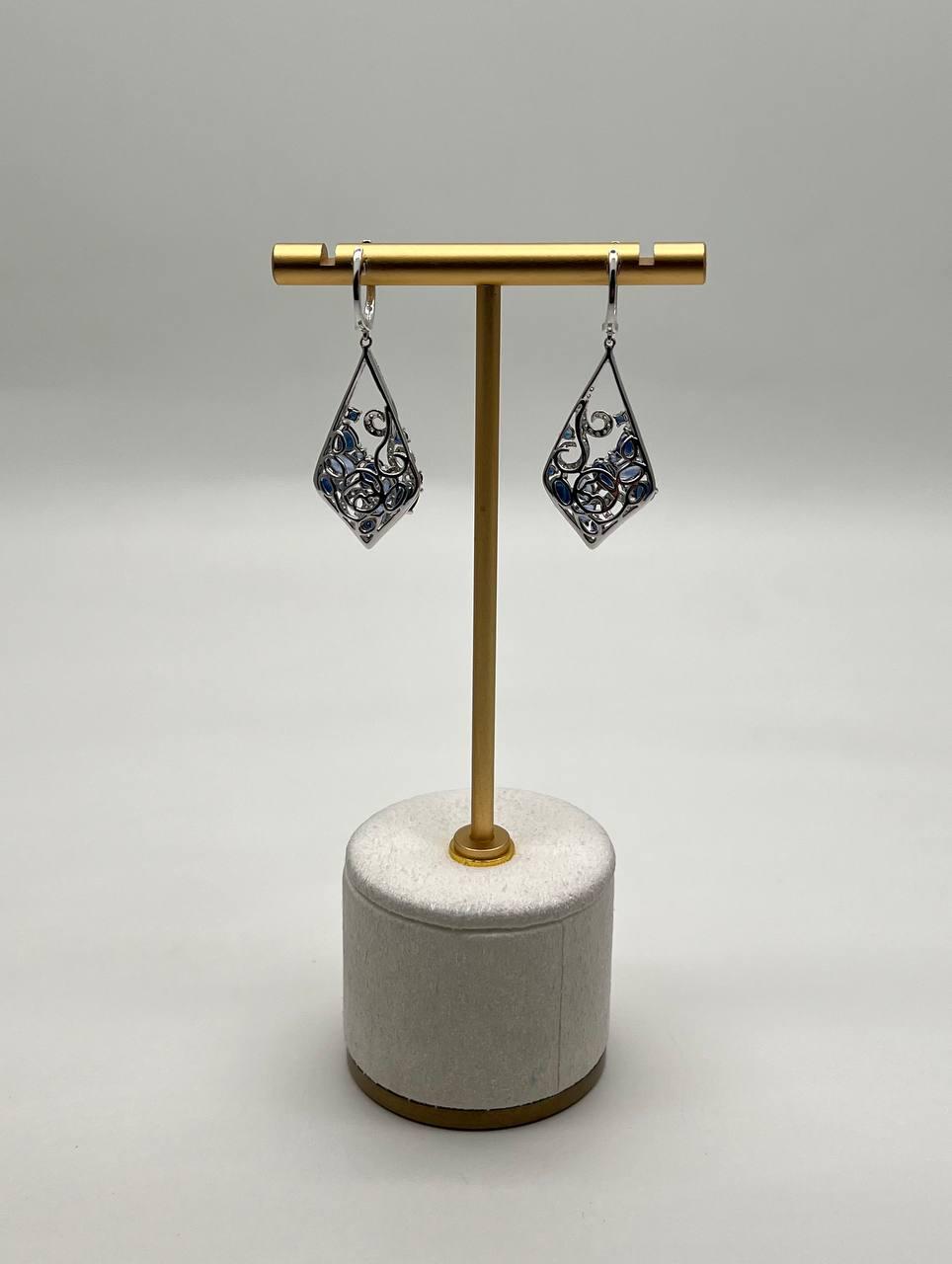 Blue Sapphire Topaz Diamond Pave Fancy 14K White Gold Dangle Statement Earrings