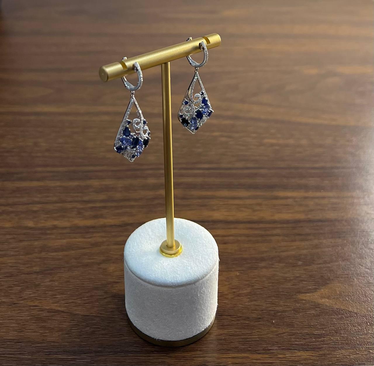 Blue Sapphire Topaz Diamond Pave Fancy 14K White Gold Dangle Statement Earrings
