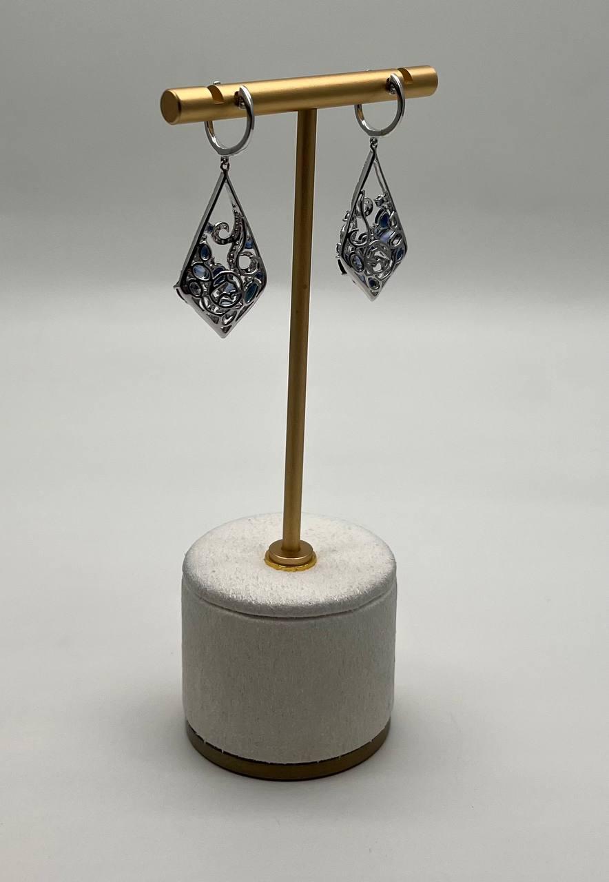 Blue Sapphire Topaz Diamond Pave Fancy 14K White Gold Dangle Statement Earrings