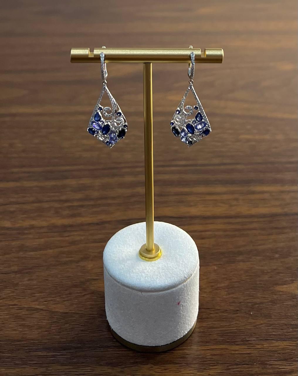 Blue Sapphire Topaz Diamond Pave Fancy 14K White Gold Dangle Statement Earrings
